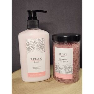Relax Rose Everyday Moisturizing Body Lotion/ Bath Salts Set~Aromatherapy~NEW